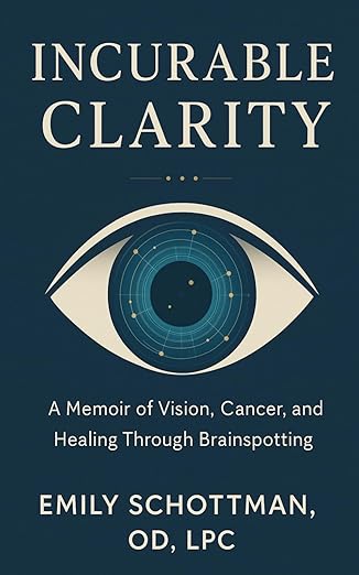 Image of book cover for Incurable Clarity: A memoir of vision, cancer and healing through Brainspotting." by Emily Schottman, OD, LPC. Book cover with image large blue eyeball.