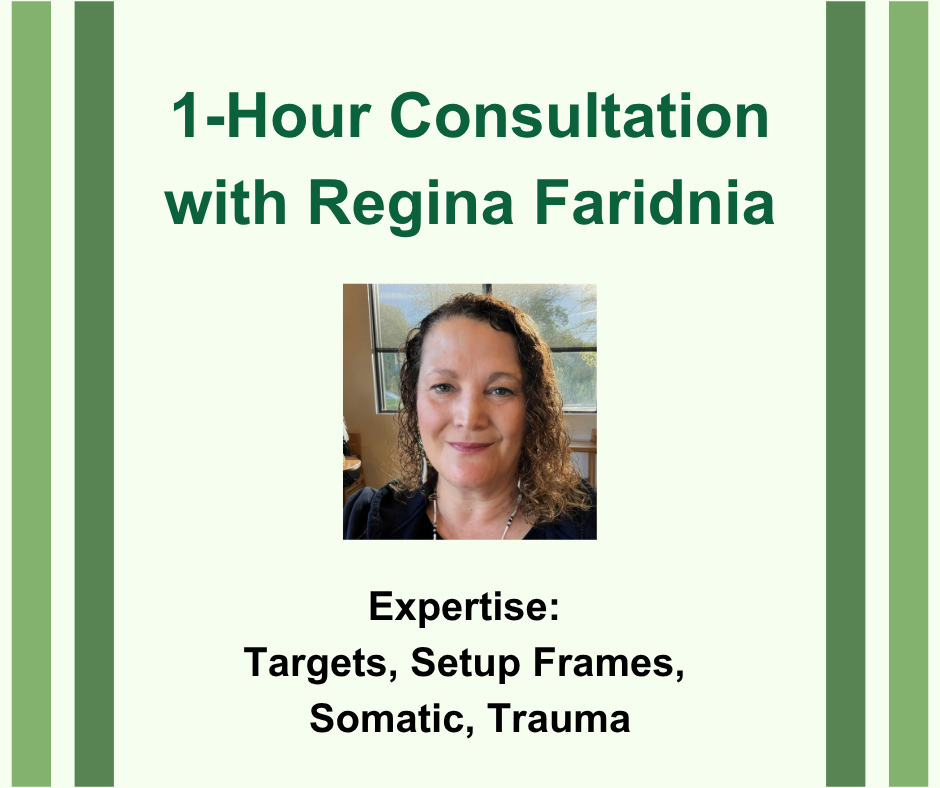 1-Hour Consultation with Regina Faridnia. Headshot image of Regina Faridnia. Expertise: Targets, Setup Frames, Somatic, Trauma